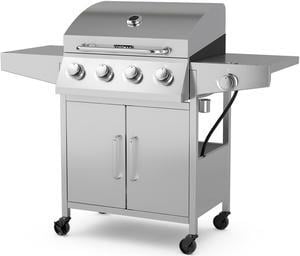 50000BTU 5-Burner Propane Gas Grill with Side Burner and 2 Prep Tables-Silver