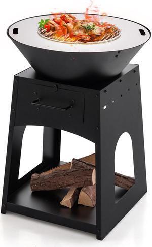 Patio Fire Pit with Firewood Log Rack with Grill and Ash Box-Black
