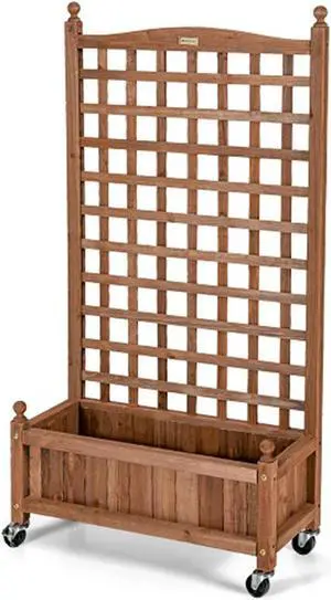 50 Inch Wood Planter Box with Trellis Mobile Raised Bed for Climbing Plant