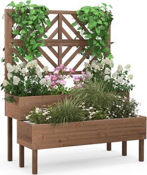 2-Tier Raised Garden Bed with Trellis-Brown