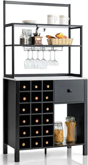 Kitchen Bakers Rack Freestanding Wine Rack Table with Glass Holder and Drawer
