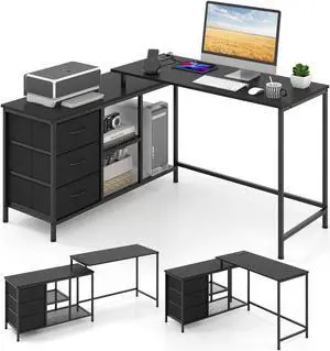 L-shaped Computer Desk with Power Outlet for Working Studying Gaming