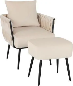 Modern Dutch Velvet Accent Chair and Ottoman Set with Weaved Back and Arms