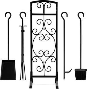 SlickBlue 5 Piece Wrought Iron Fireplace Tools with Decor Holder-Black
