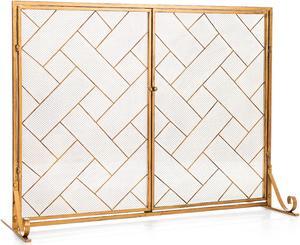 SlickBlue 3-Panel Folding Wrought Iron Fireplace Screen with Doors and 4 Pieces Tools Set-Golden