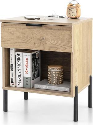 SlickBlue Modern Nightstand with Charging Station-Natural