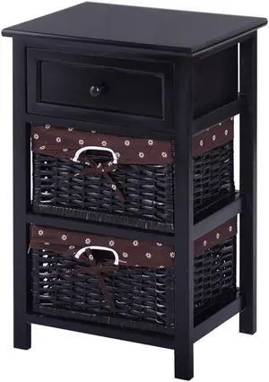 SlickBlue 3 Tiers Wooden Storage Nightstand with 2 Baskets and 1 Drawer-black