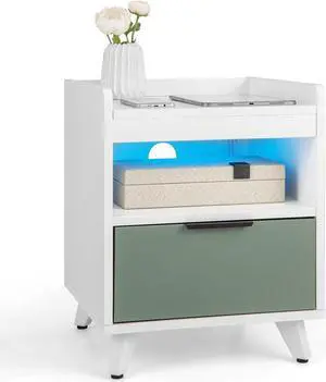 SlickBlue Modern Nightstand with LED Lights Sliding Drawer and Open Compartment-White