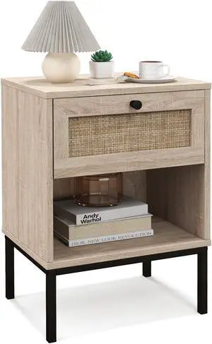 SlickBlue Rattan Nightstand Boho End Table with Rattan Drawer & Open Shelf-Oak