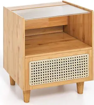 SlickBlue Bamboo Rattan Nightstand with Drawer and Solid Wood Legs
