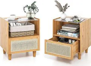 SlickBlue 2 Pieces Bamboo Rattan Nightstand with Drawer and Solid Wood Legs