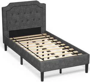 SlickBlue Linen Twin Upholstered Platform Bed with Frame Headboard Mattress Foundation