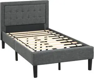 SlickBlue Twin Size Upholstered Bed Frame with Button Tufted Headboard