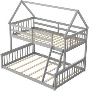 Twin Over Full House Bunk Bed with Ladder and Guardrails-Gray