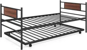 SlickBlue Twin Size Metal Daybed with Trundle and Wood Grain Headboard