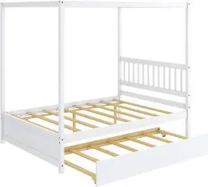 SlickBlue Full Size Canopy Bed with Trundle Wooden Platform Bed Frame Headboard