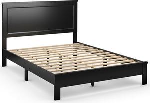 Queen Size Bed Frame Platform Slat High Headboard Bedroom with Rubber Wood Leg-Black