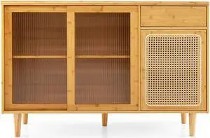SlickBlue Modern Bamboo Buffet Sideboard Cabinet with Tempered Glass Sliding Doors
