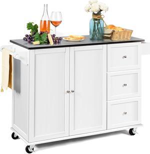 SlickBlue Kitchen Island 2-Door Storage Cabinet with Drawers and Stainless Steel Top-White