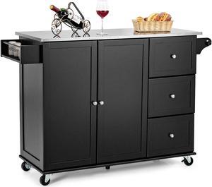 SlickBlue Kitchen Island 2-Door Storage Cabinet with Drawers and Stainless Steel Top-Black