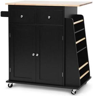 SlickBlue Rubber Wood Countertop Rolling Kitchen Island Cart-Black