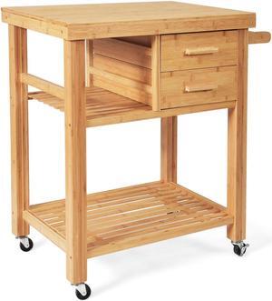 SlickBlue Bamboo Kitchen Trolley Cart with Tower Rack and Drawers