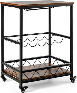 SlickBlue Kitchen Bar Cart Serving Trolley on Wheels with Wine Rack Glass Holder