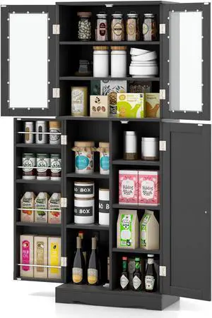 SlickBlue Tall Kitchen Pantry Cabinet with Dual Tempered Glass Doors and Shelves