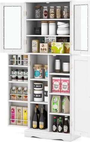 SlickBlue Tall Kitchen Pantry Cabinet with Dual Tempered Glass Doors and Shelves