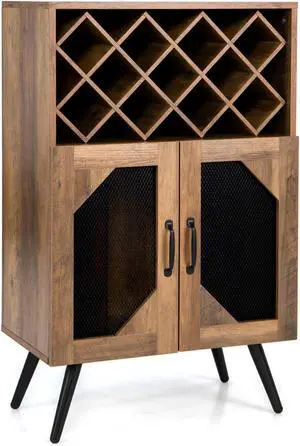 SlickBlue 2-Door Farmhouse Kitchen Storage Bar Cabinet with Wine Rack and Glass Holder-Rustic Brown
