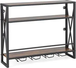SlickBlue 3-Tiers Industrial Wall Mounted Wine Rack with Glass Holder and Metal Frame