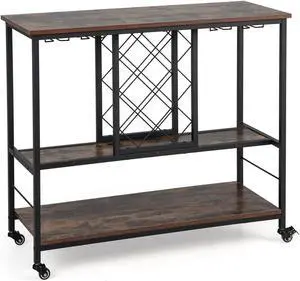 SlickBlue 3-Tier Wine Bar Cabinet wit 8 Bottles Rack and 12 Glasses Hanger-Rustic Brown