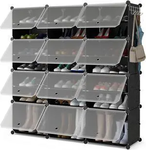 SlickBlue 12-Cube 48 Pairs Portable Shoe Shelves with Hook-Black