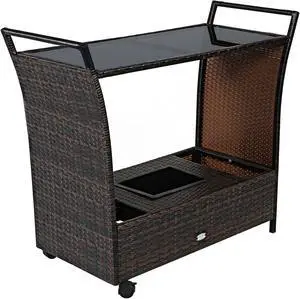 SlickBlue Patio Rattan Bar Serving Cart with Glass Top and Handle