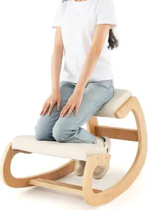 SlickBlue Wooden Rocking Chair with Comfortable Padded Seat Cushion and Knee Support