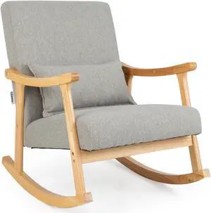 SlickBlue Upholstered Rocking Chair with Pillow and Rubber Wood Frame-Grey