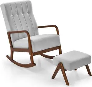 SlickBlue Rocking Chair with Ottoman and Solid Rubber Wood Frame and Padded Cushion-Grey
