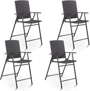 SlickBlue Set of 4 Folding Rattan Bar Chairs with Footrests and Armrests for Outdoors and Indoors