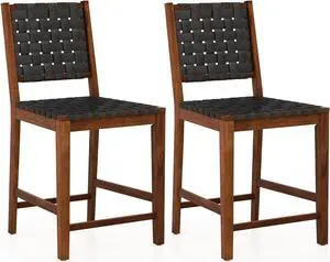 SlickBlue Set of 2 Woven Bar Stools with Faux PU Leather Straps-Black