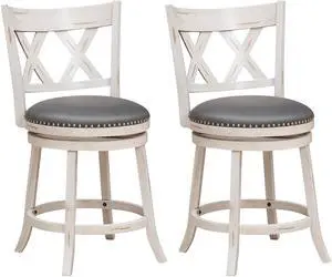 SlickBlue 25.5 Inch Hand-Antiqued Stool Set of 2 with Wider Padded Seat-White