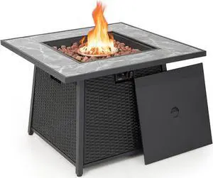 SlickBlue 35 Inch Propane Gas Fire Pit Table Wicker Rattan with Lava Rocks PVC Cover-Black
