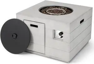 SlickBlue 34 Inch Square Concrete Propane Fire Pit Table with Lava Rocks and Cover 50 000 BTU-Gray
