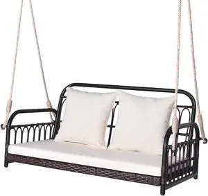 SlickBlue 880LBS Wicker Hanging Porch Swing with Cushions-White