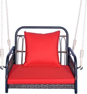 SlickBlue Patio Rattan Porch Swing Hammock Chair with Seat Cushion-Red