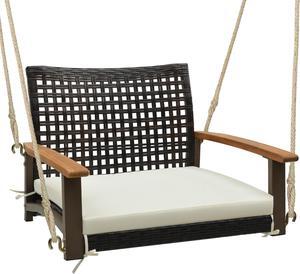 SlickBlue Single Rattan Porch Swing with Armrests Cushion and Hanging Ropes-White