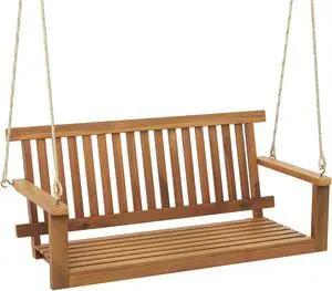 SlickBlue 2-Seat Acacia Wood Porch Swing Bench with 2 Hanging Hemp Ropes