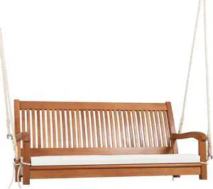 SlickBlue 2-Person Hanging Porch Swing Wood Bench with Cushion Curved Back