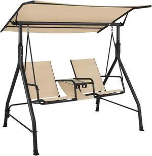 SlickBlue 2-Seat Outdoor Cushioned Porch Swing with Adjustable Canopy and Tempered Glass Table-Beige