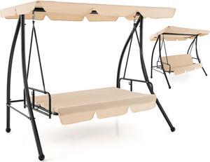 SlickBlue 2-Seat Outdoor Convertible Swing Chair with Flat Bed and Adjustable Canopy-Beige