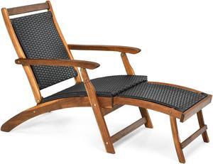 SlickBlue Patio Rattan Folding Lounge Chair with Acacia Wooden Frame Retractable Footrest